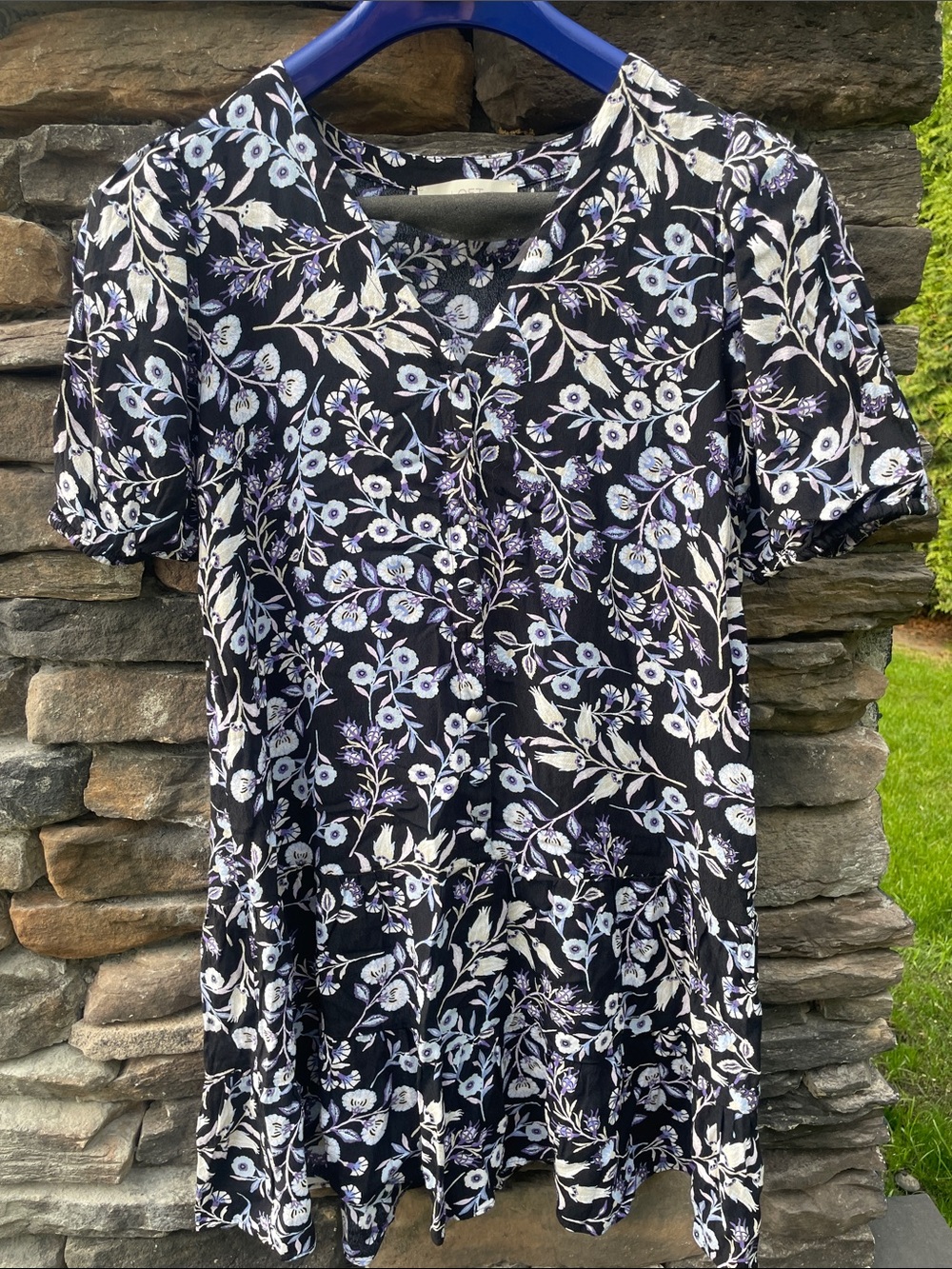 LOFT Black Floral V-Neck Dress with Lavender and White Flowers